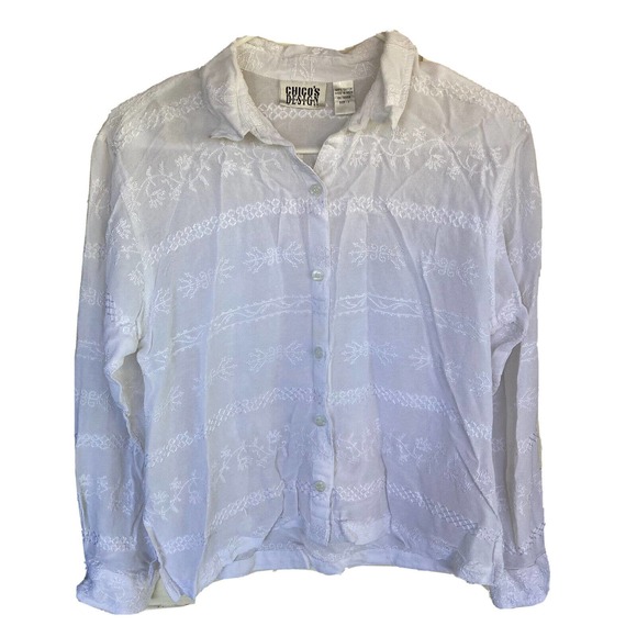 Chico's Tops - Vintage Chicos Button Up Shirt Long Sleeve Sz 1 Medium Embroidery Sheer Rayon